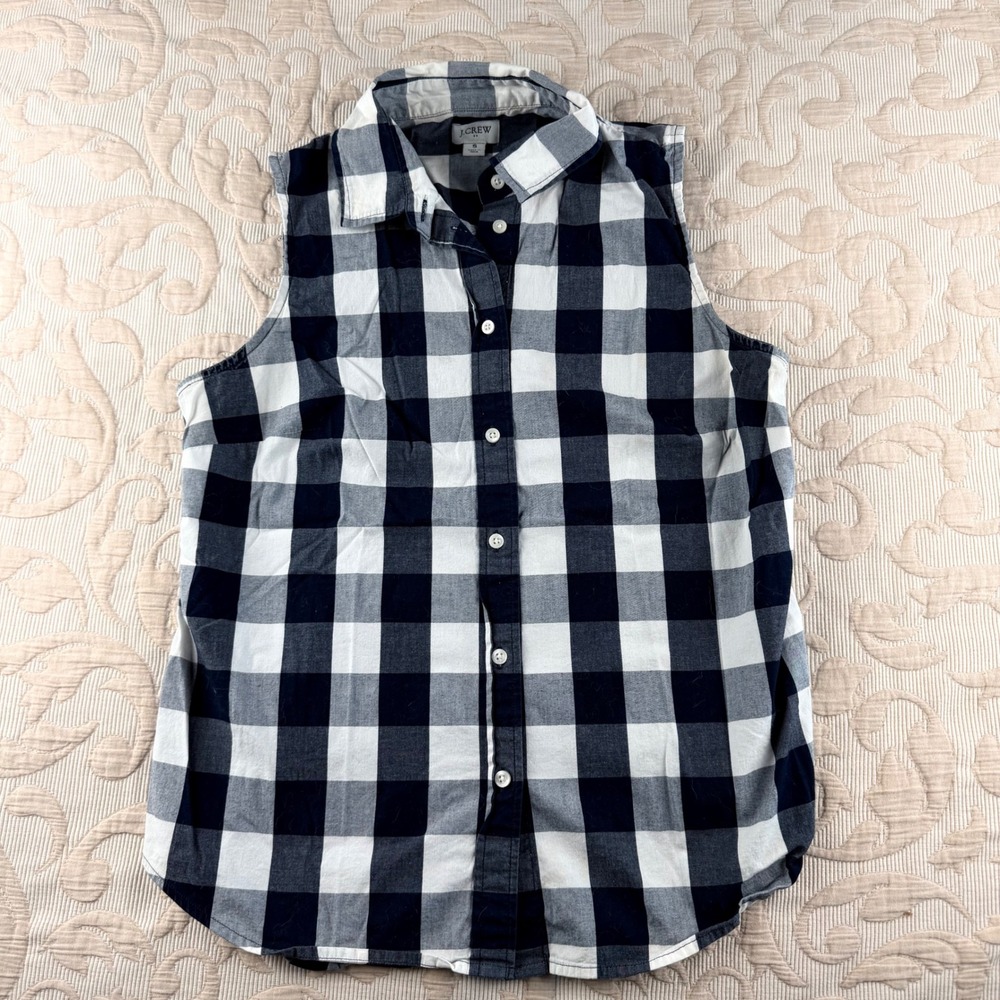 J.Crew Womens Navy Blue White Buffalo Check Sleeveless Button Down Shirt Size S